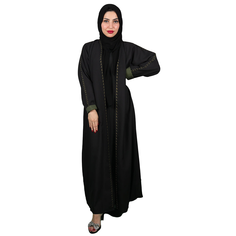 Black Abaya With Lines Of Gold Crystal Elements