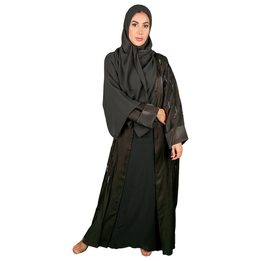 Brown crepe abaya adorned with shiny crystal embellishments