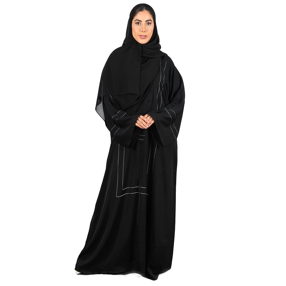 Black Abaya With Lines Of Black Crystal Elements