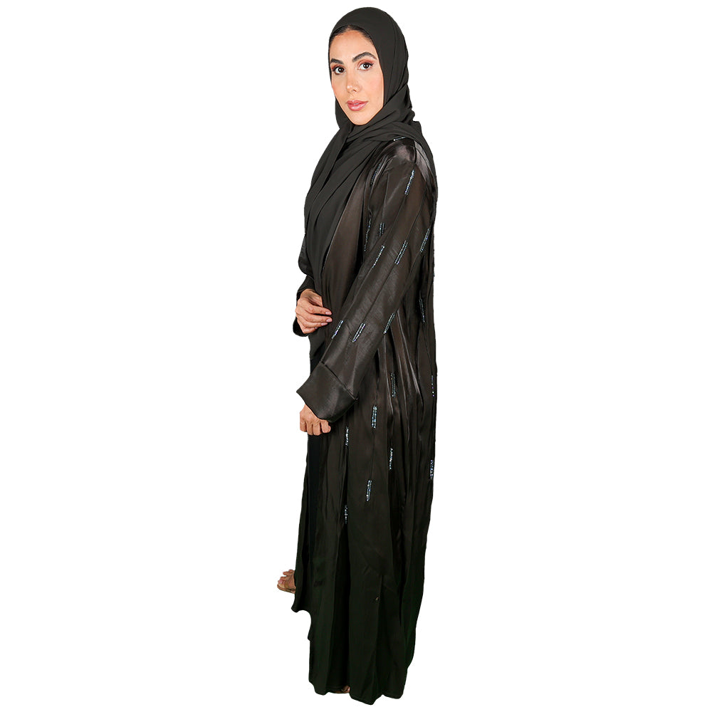 Brown crepe abaya adorned with shiny crystal embellishments