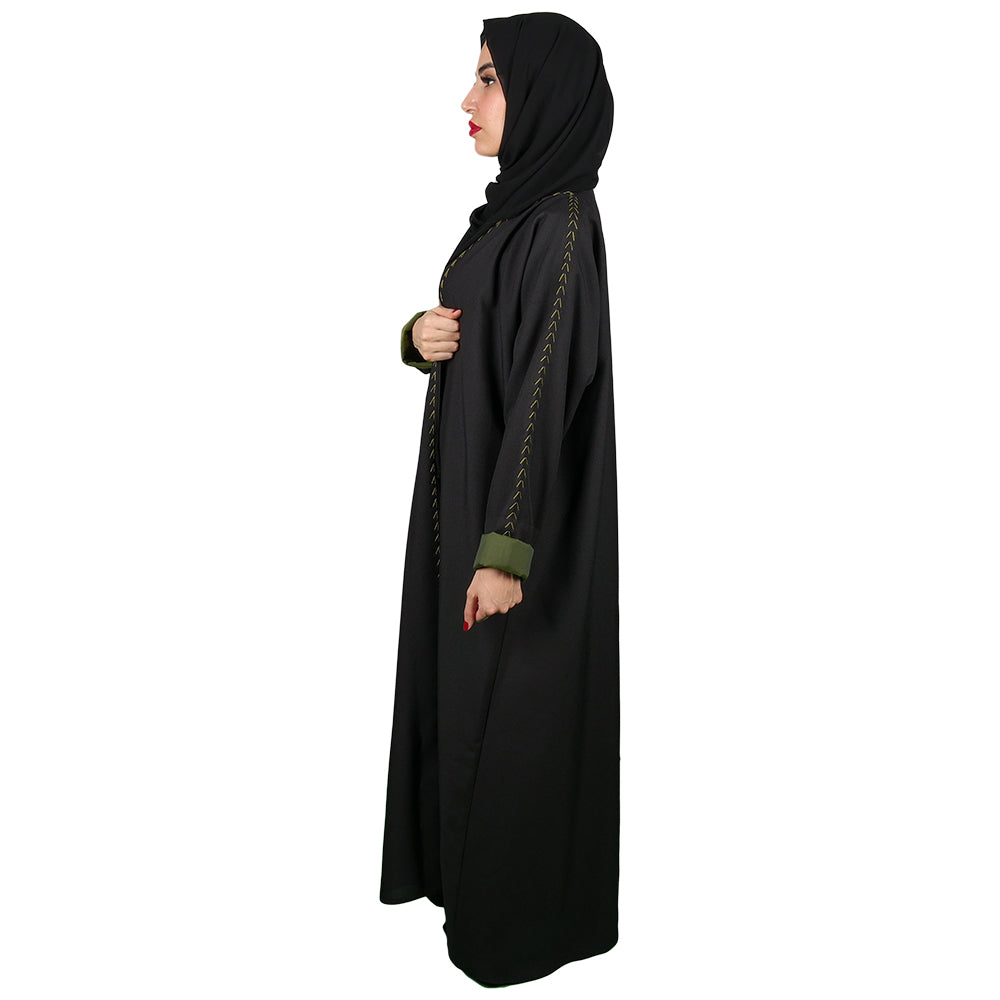 Black Abaya With Lines Of Gold Crystal Elements