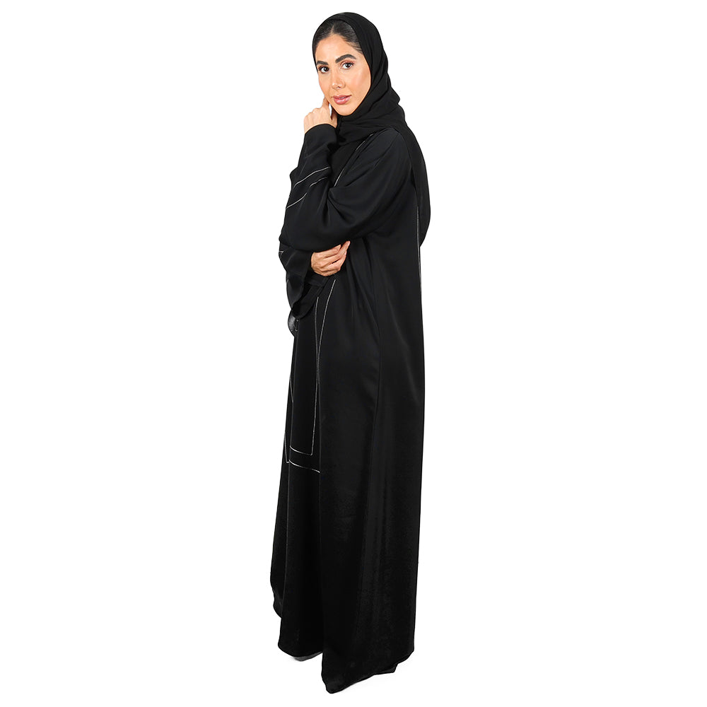 Black Abaya With Lines Of Black Crystal Elements