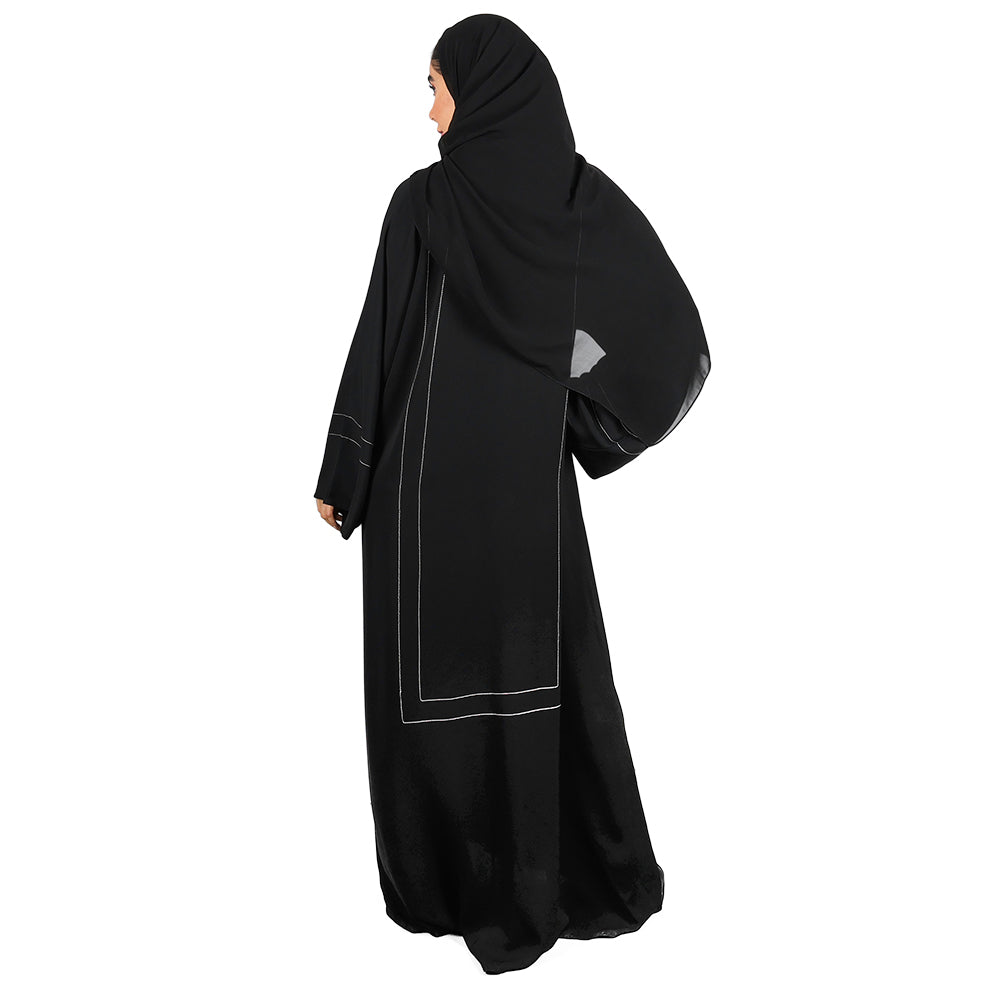 Black Abaya With Lines Of Black Crystal Elements