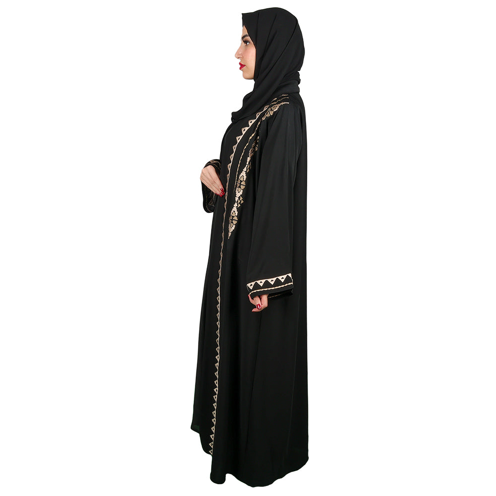 Black Abaya With Front Crystal Elements Design