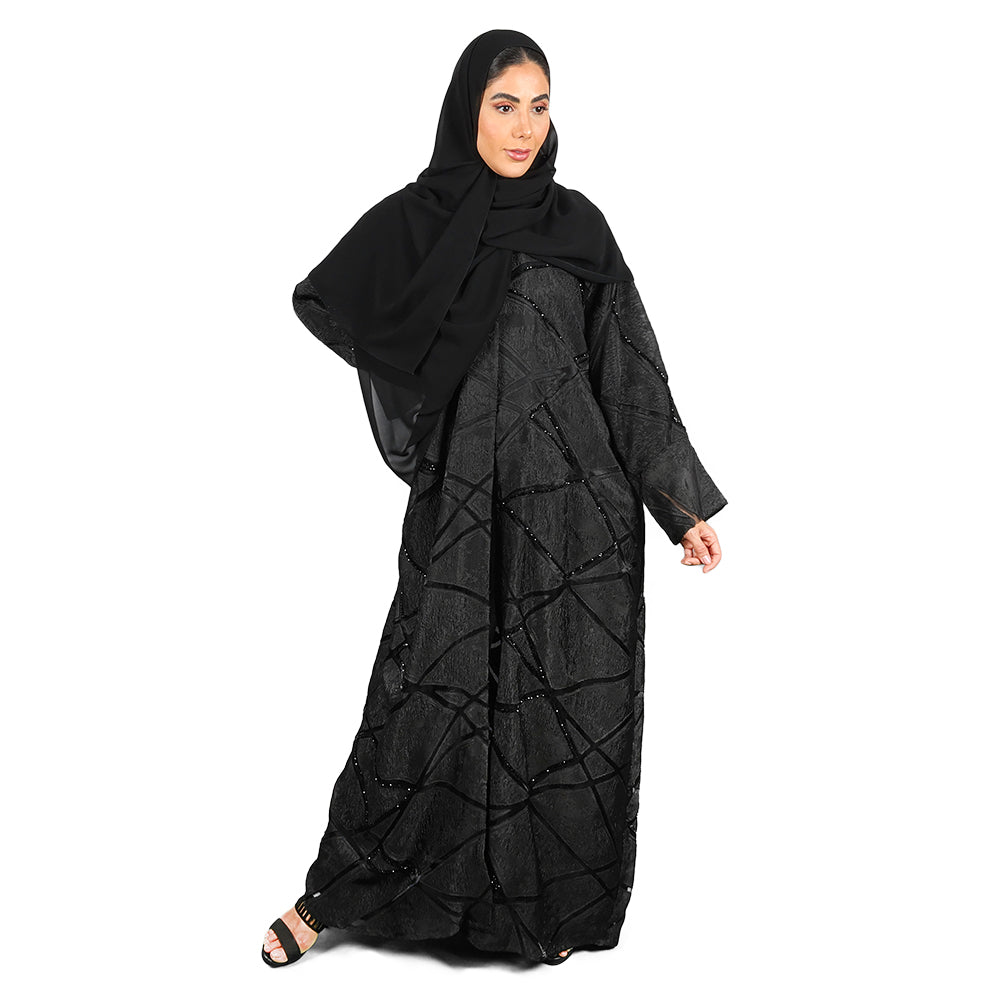 Black Organza & Crepe Abaya With Sheer Panels And Embellishments