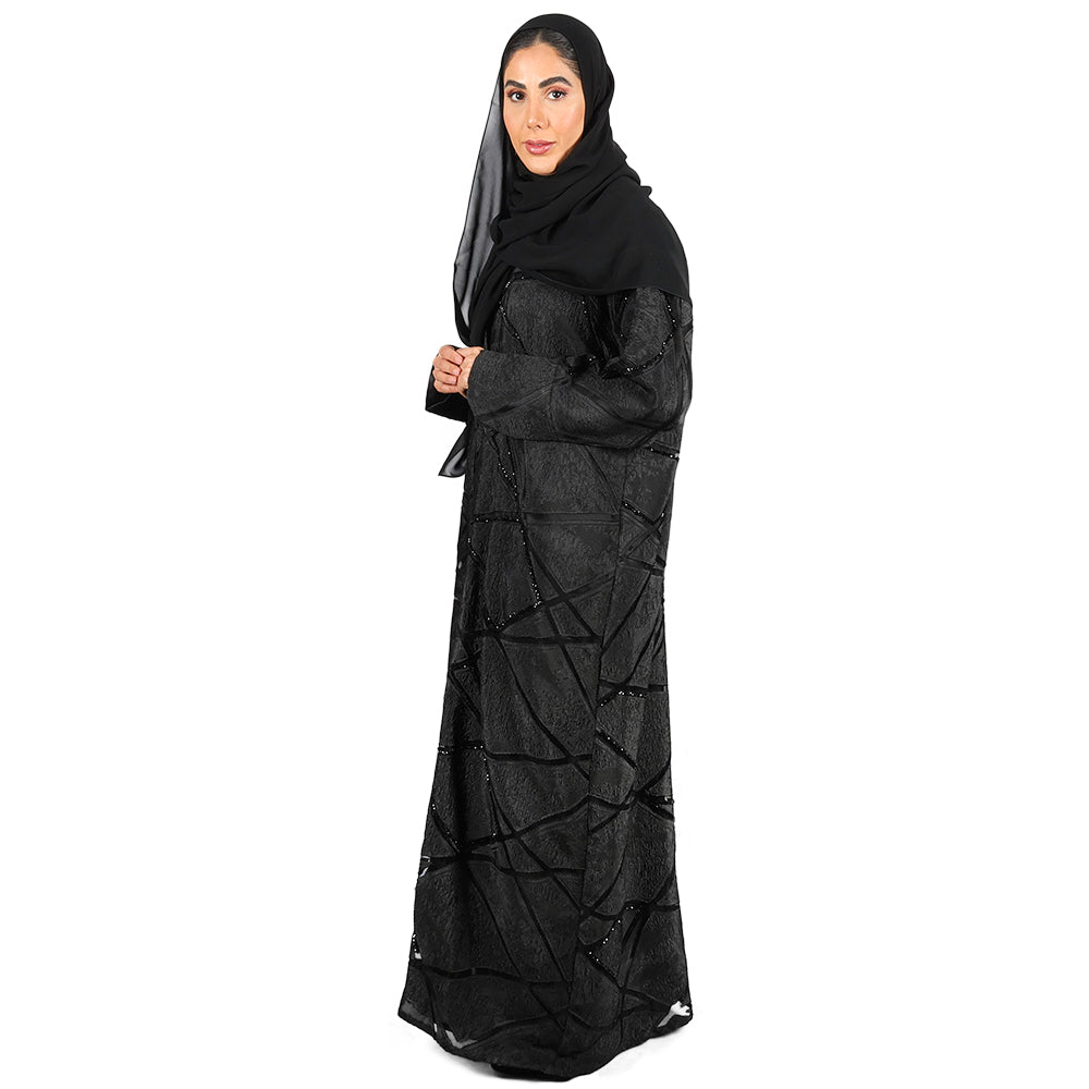 Black Organza & Crepe Abaya With Sheer Panels And Embellishments