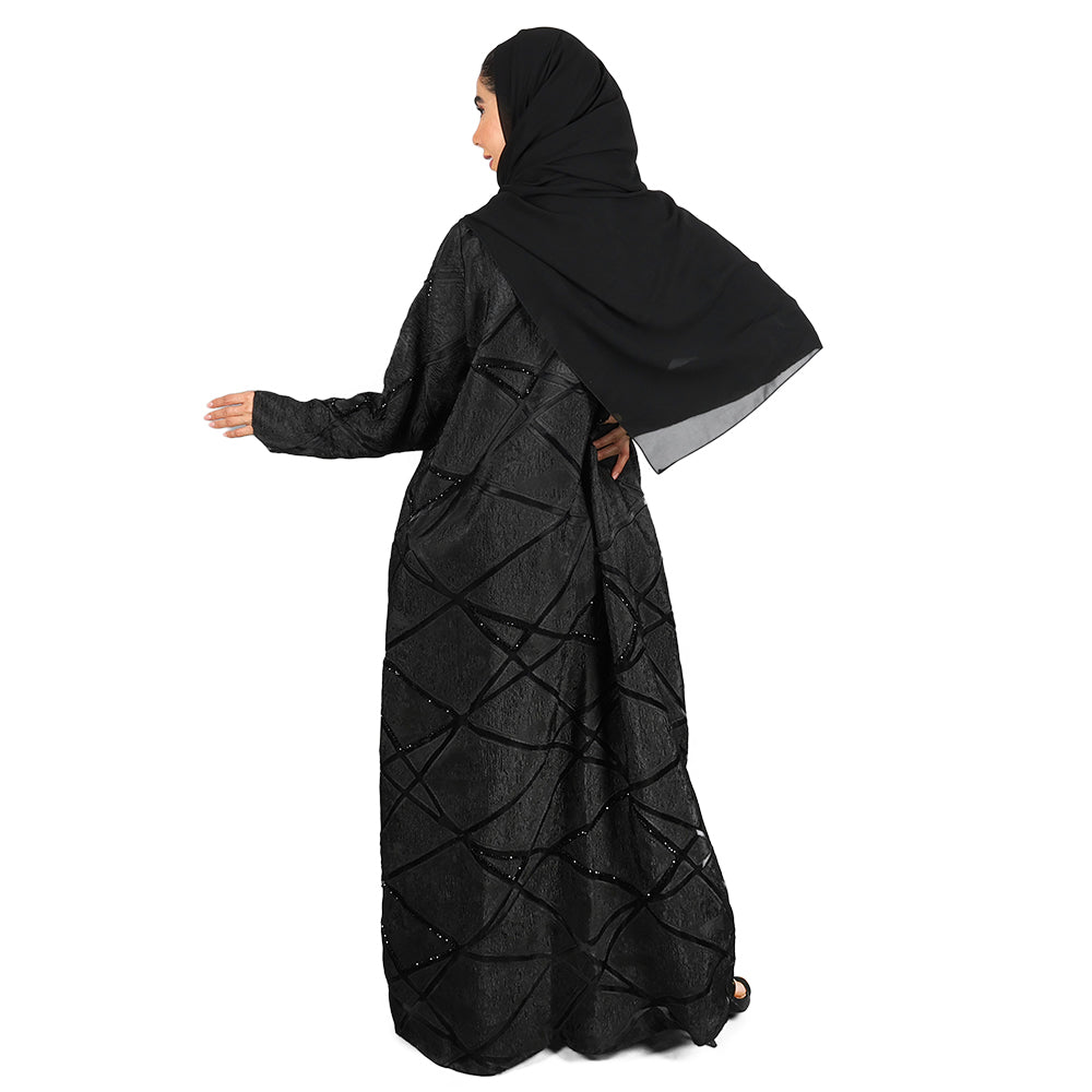 Black Organza & Crepe Abaya With Sheer Panels And Embellishments