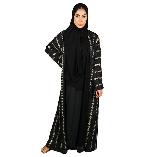 Pattern knit dress in black and gold lines - Abaya