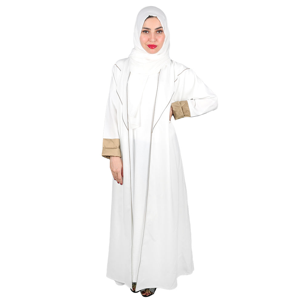 White Abaya defined gray lines and golden hand color