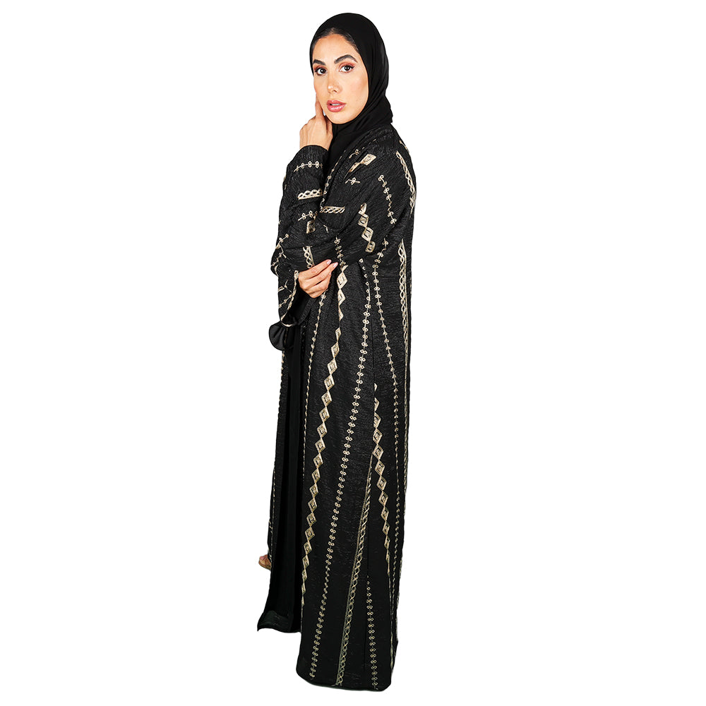 Pattern knit dress in black and gold lines - Abaya