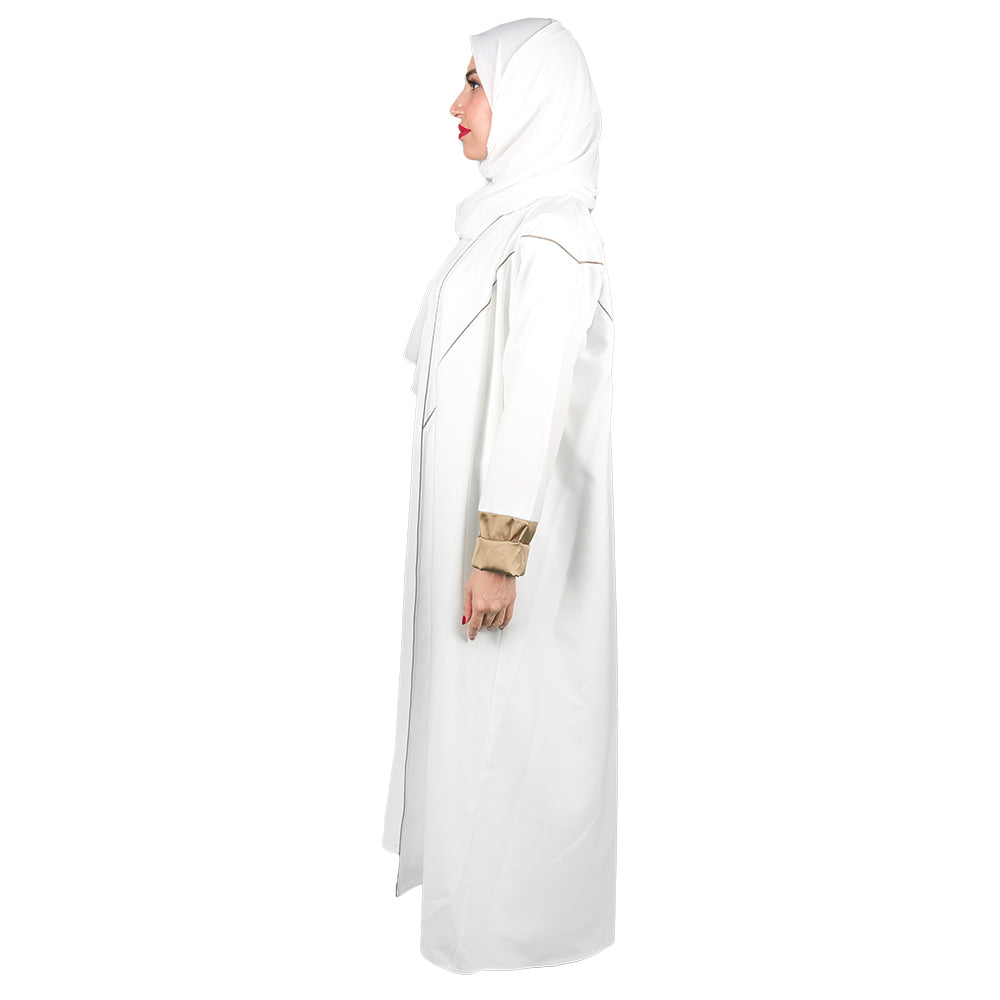 White Abaya defined gray lines and golden hand color