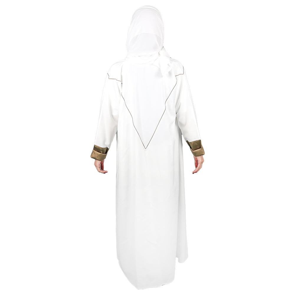 White Abaya defined gray lines and golden hand color