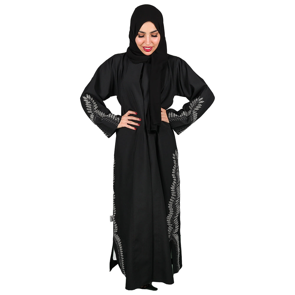 Floral Embroidered Black Abaya With Crystal Elements