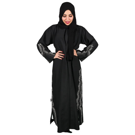 Floral Embroidered Black Abaya With Crystal Elements