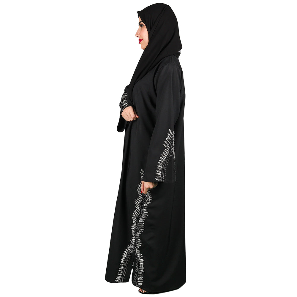 Floral Embroidered Black Abaya With Crystal Elements