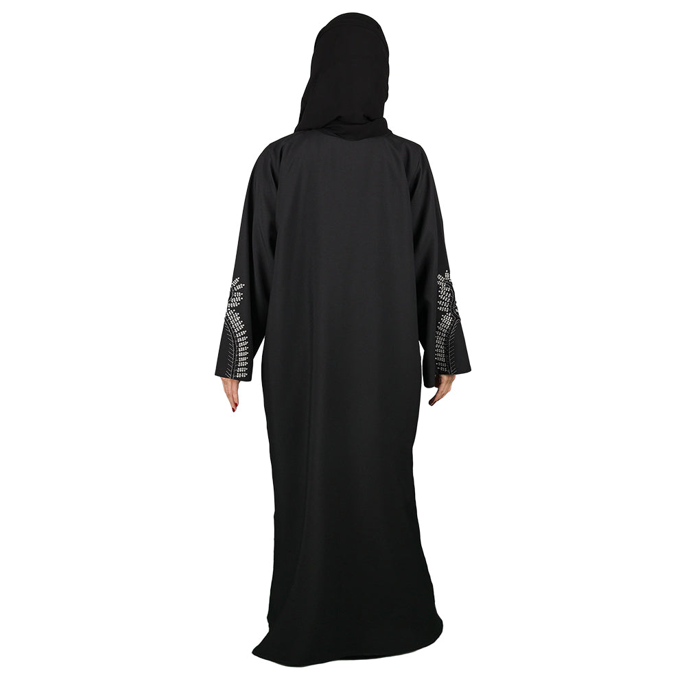 Floral Embroidered Black Abaya With Crystal Elements